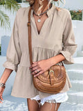 Ruffled Notched Three-Quarter Sleeve Blouse - Trendsi - Flyclothing LLC