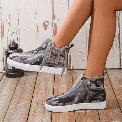 Lace-Up Round Toe Canvas Boots with Side Zip - Trendsi - Flyclothing LLC