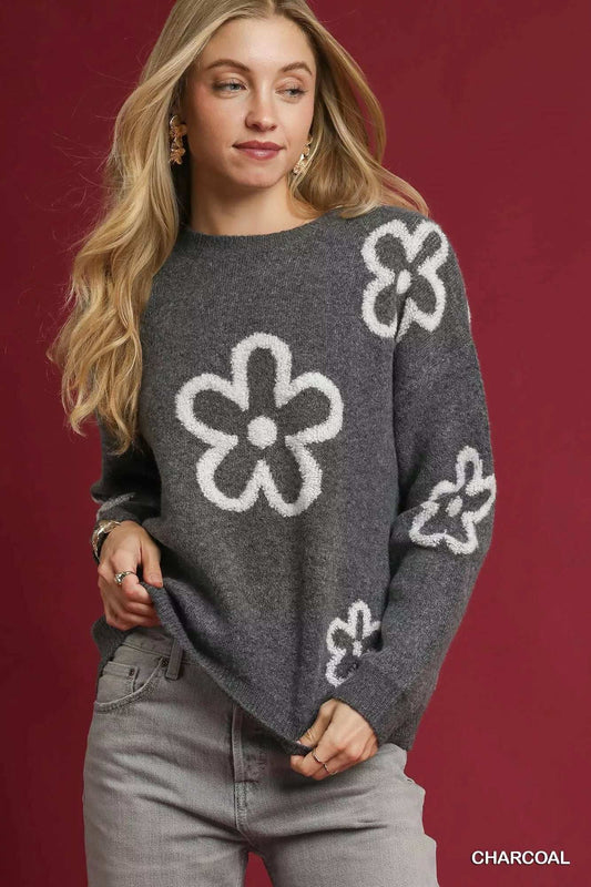 Umgee Round Neck Sweater with Floral Accents - Trendsi - Flyclothing LLC