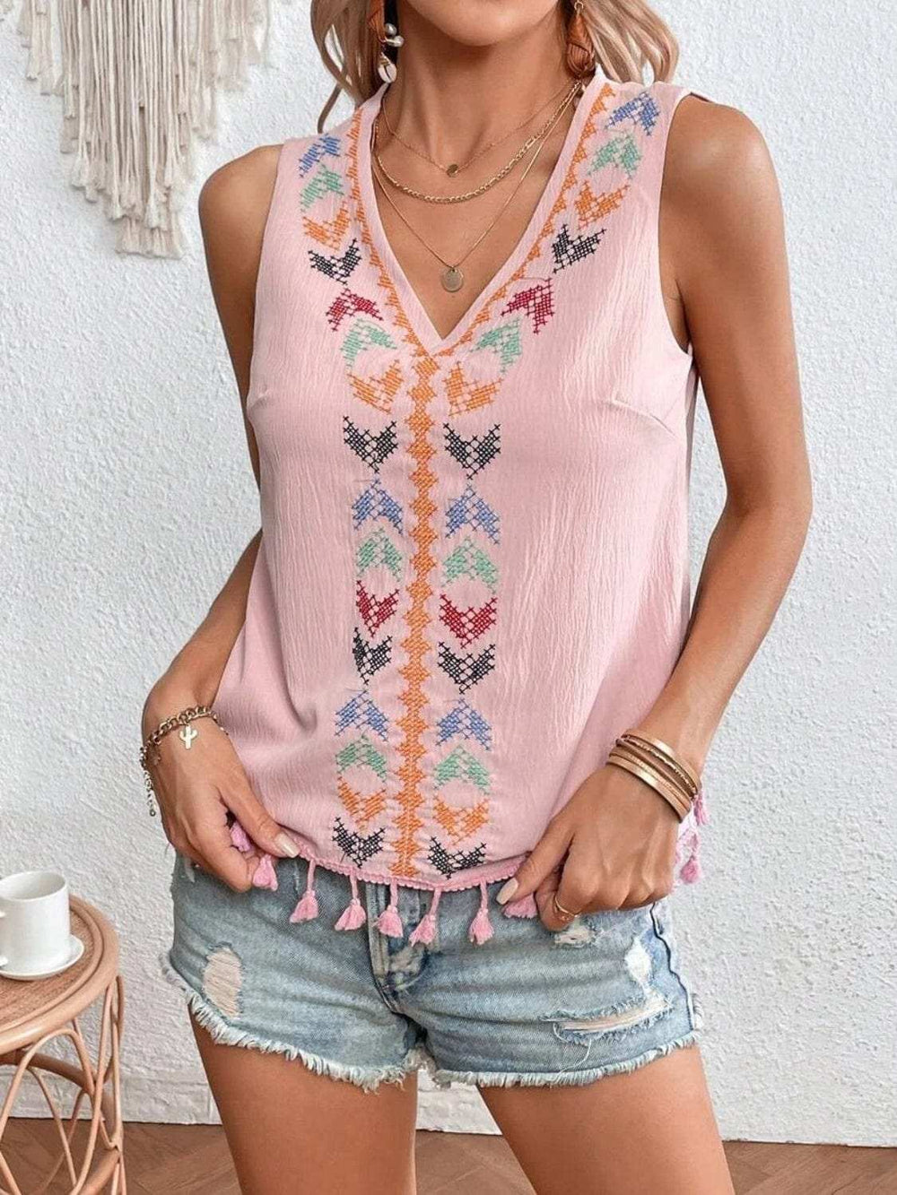 Tassel Printed V-Neck Tank - Trendsi - Flyclothing LLC