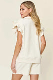 Double Take Full Size Texture Flounce Sleeve Top and Drawstring Shorts Set - Trendsi - Flyclothing LLC