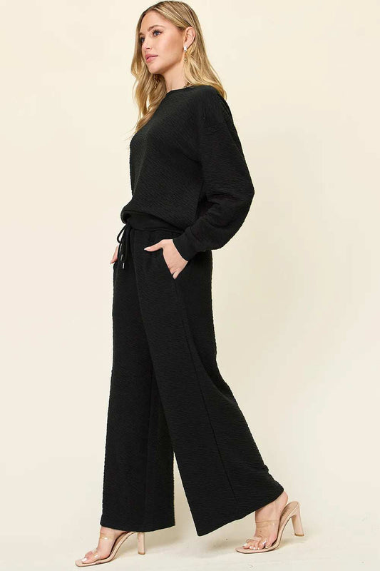 Double Take Full Size Texture Long Sleeve Top and Pants Set - Trendsi - Flyclothing LLC