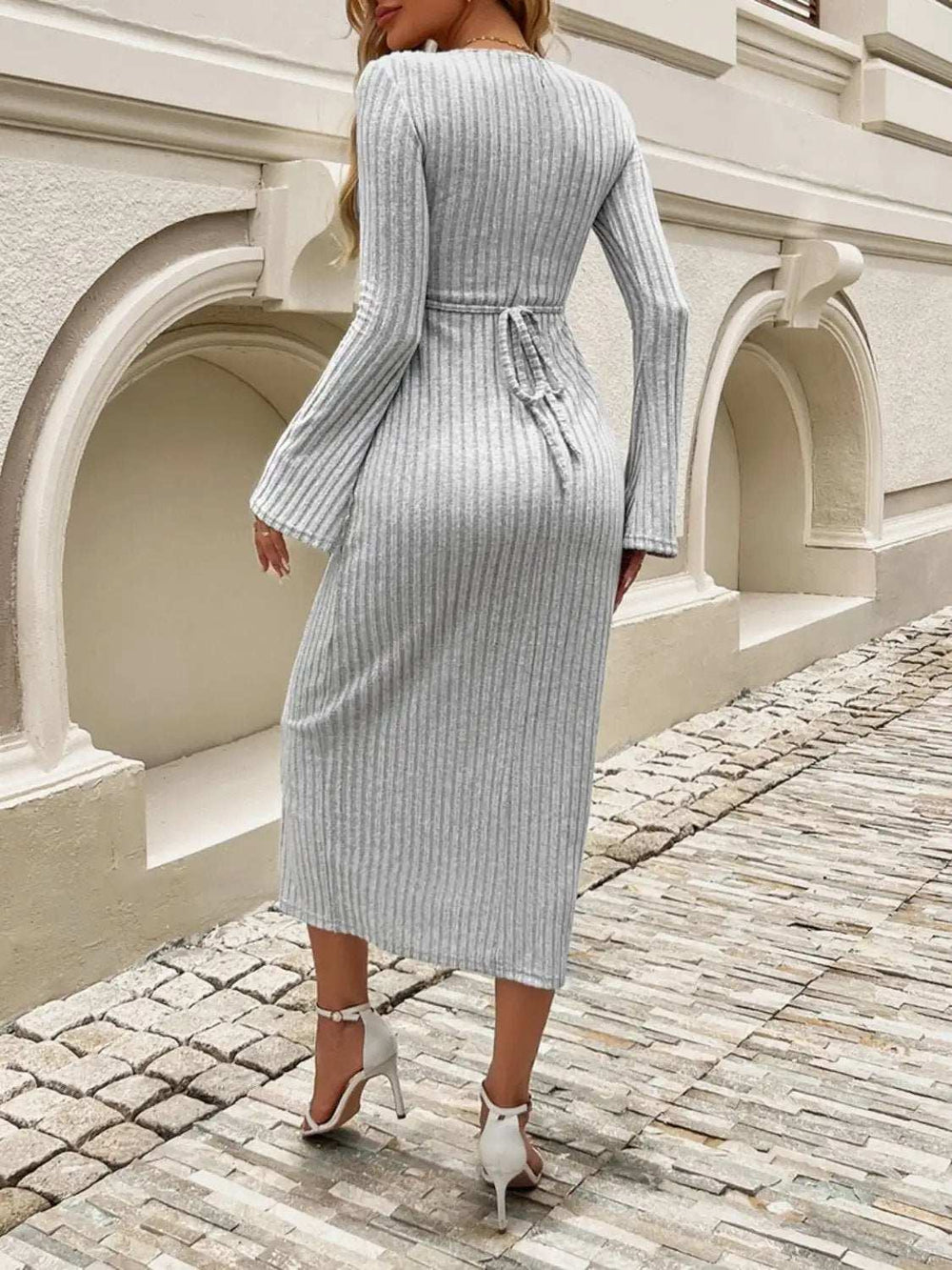 Devine Tied V-Neck Long Sleeve Sweater Dress - Trendsi - Flyclothing LLC