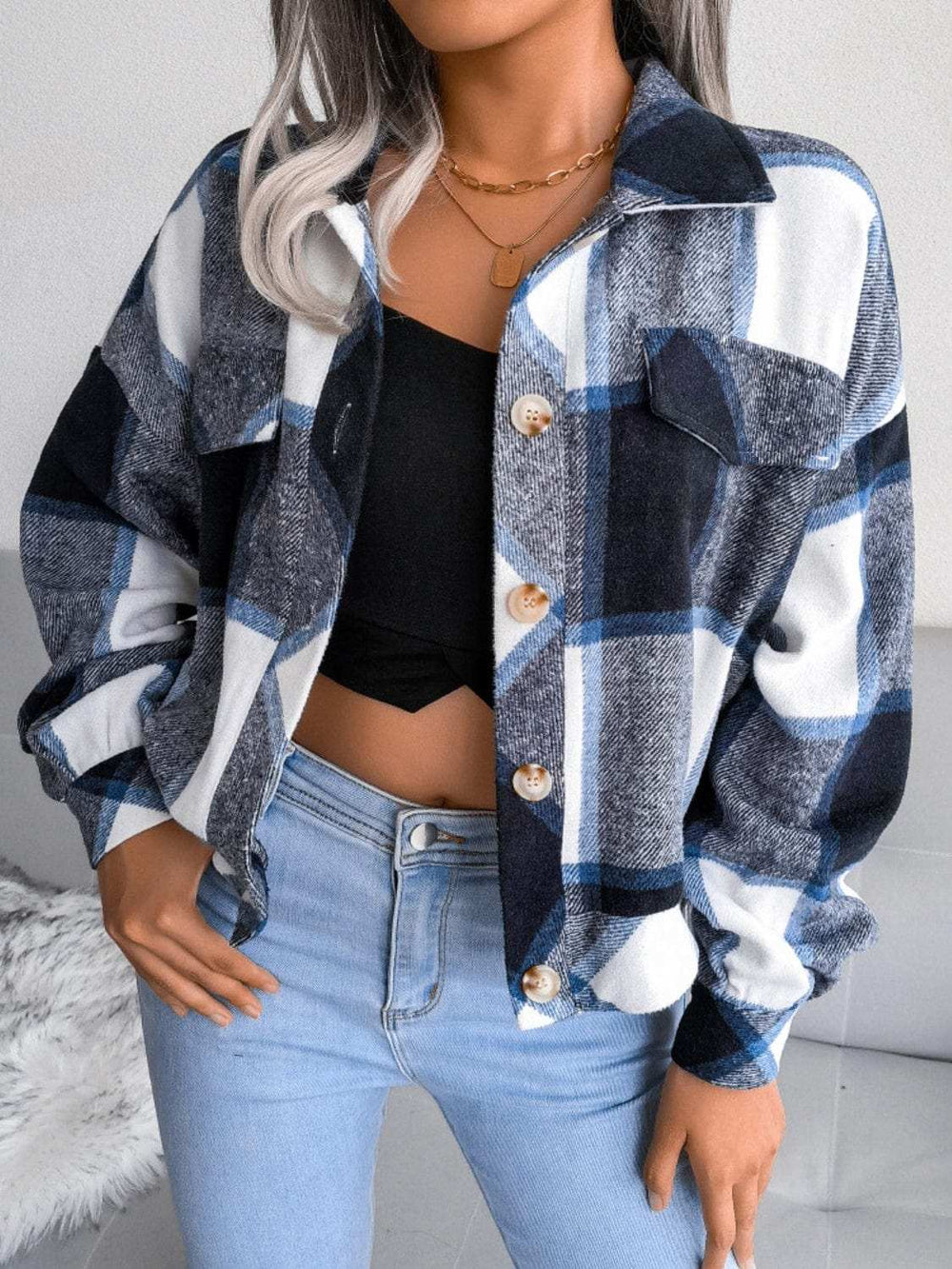 Plaid Collared Neck Long Sleeve Jacket - Trendsi - Flyclothing LLC