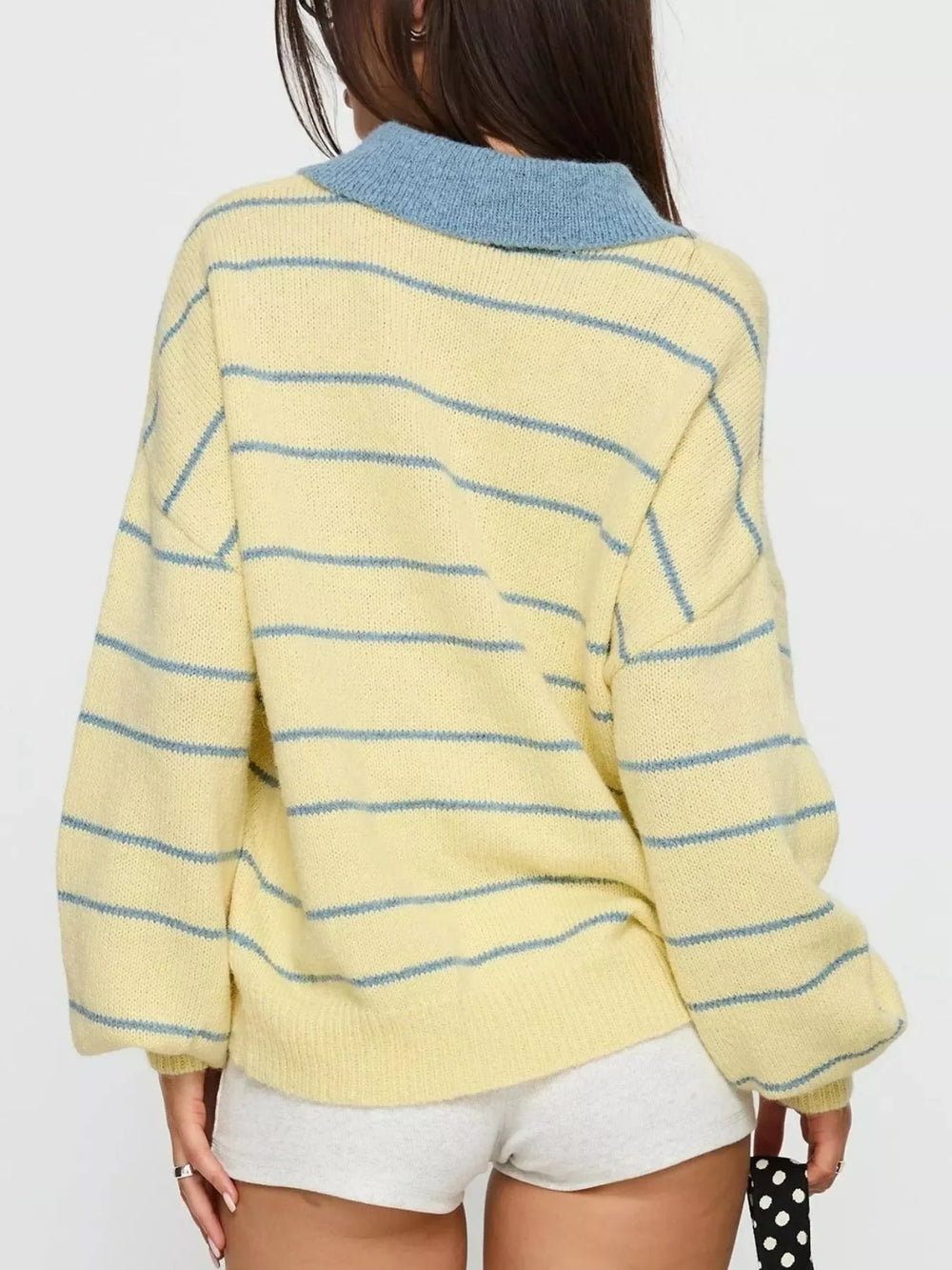 Striped Polo Collar Long Sleeve Sweater - Trendsi - Flyclothing LLC
