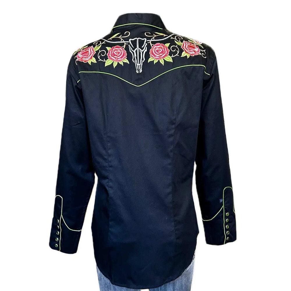 Rockmont Clothing Women's Steer Longhorn & Floral Embroidery Western Shirt in Black - Rockmount Clothing - Flyclothing LLC