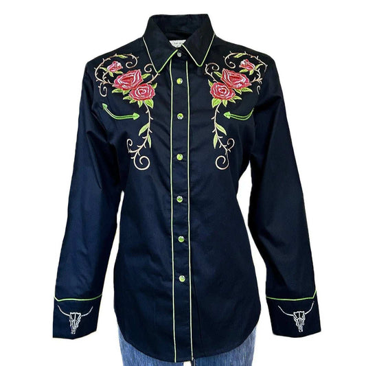 Rockmont Clothing Women's Steer Longhorn & Floral Embroidery Western Shirt in Black - Rockmount Clothing - Flyclothing LLC