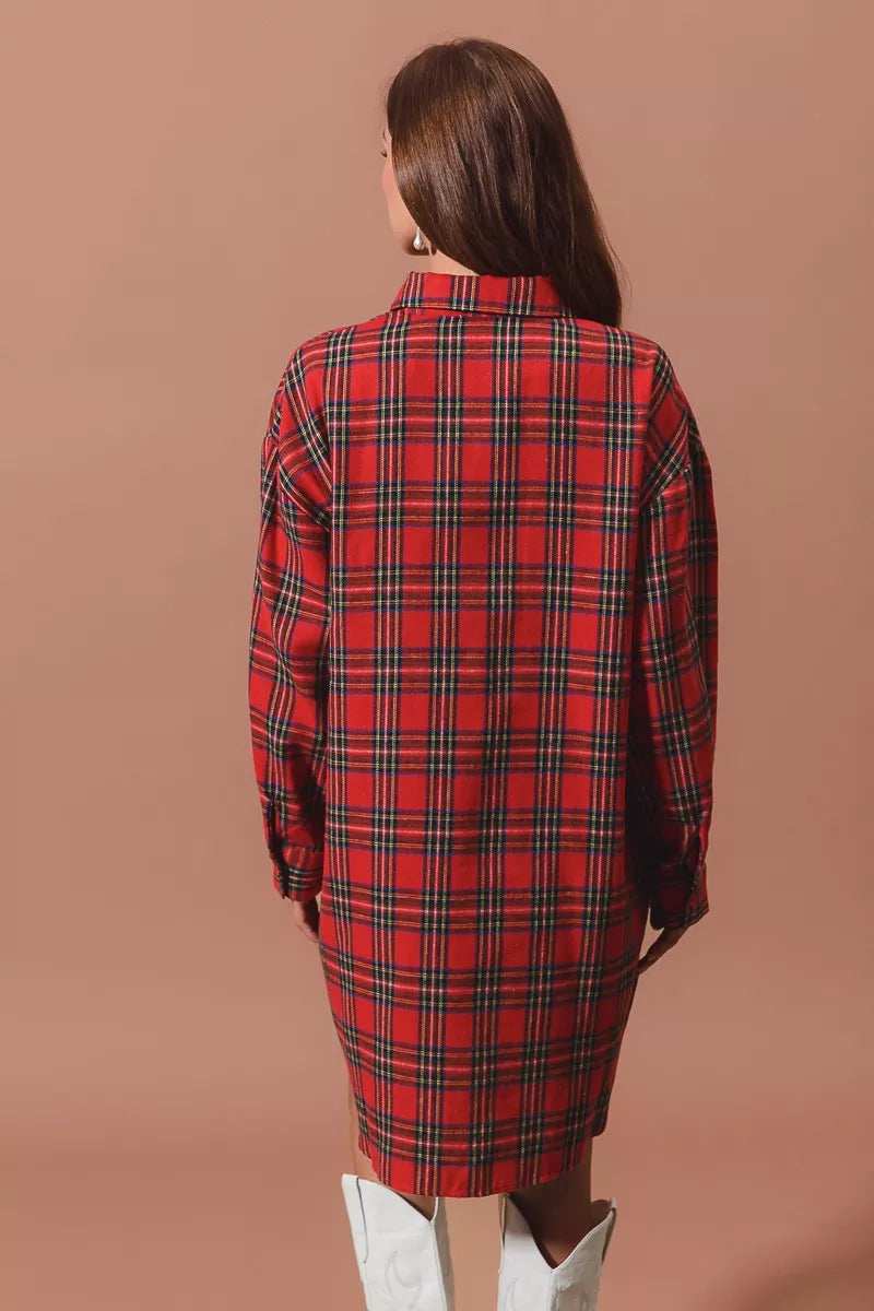 SO ME Christmas Checker Plaid Button Up Shirt Dress - Trendsi - Flyclothing LLC