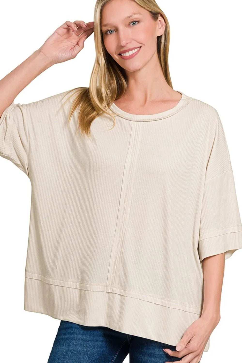 Zenana Ribbed Boat Neck 3/4 Sleeve Top - Trendsi - Flyclothing LLC