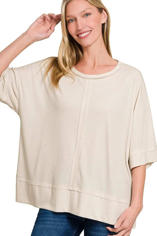 Zenana Ribbed Boat Neck 3/4 Sleeve Top - Trendsi - Flyclothing LLC