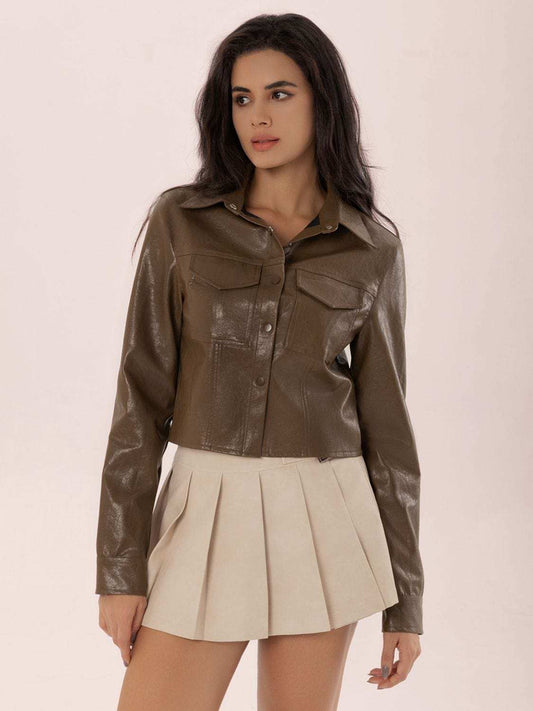 Collared Neck Snap Down Long Sleeve Jacket - Trendsi - Flyclothing LLC