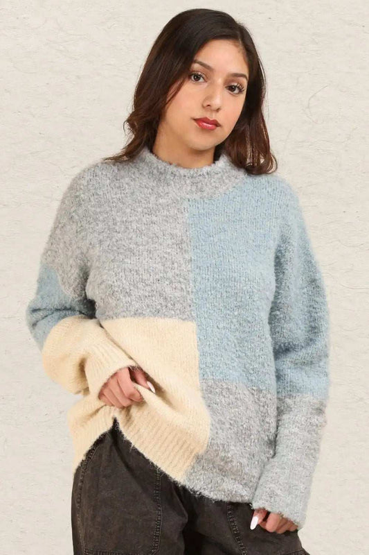 VERY J Color Block Mock Neck Drop Shoulder Sweater - Trendsi - Flyclothing LLC