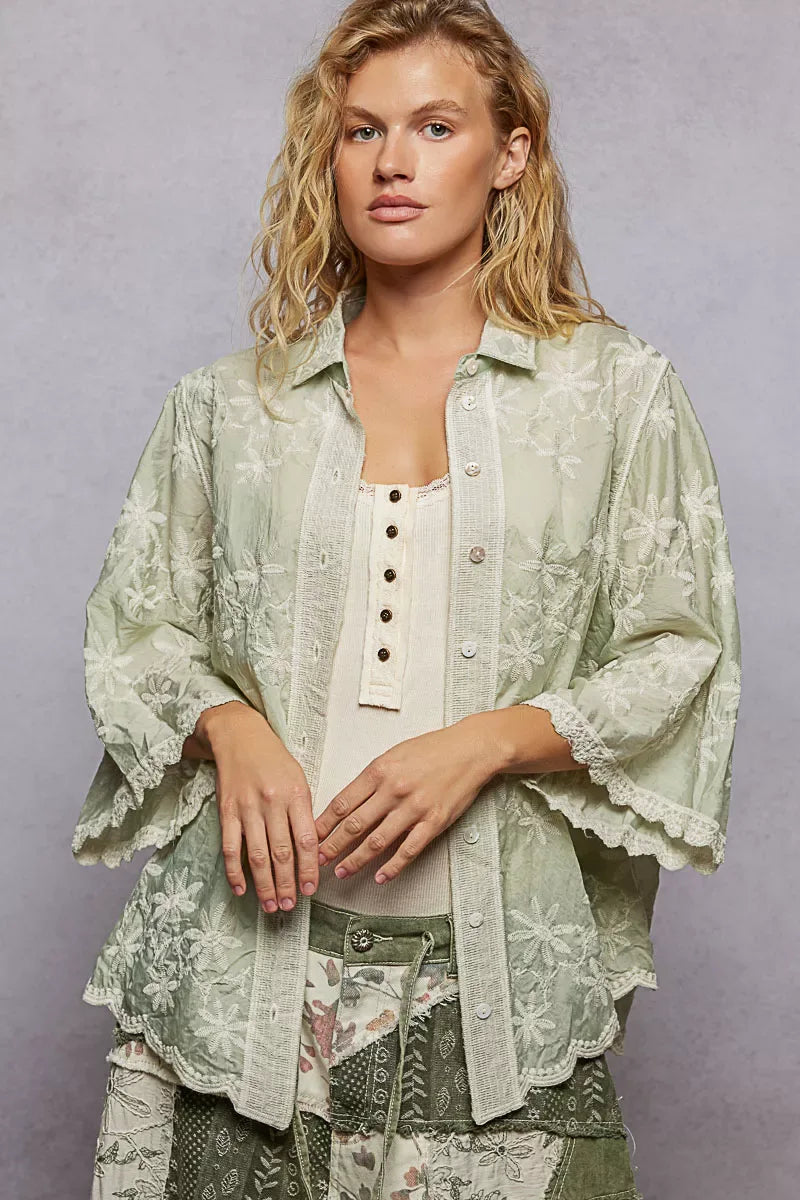 POL Embroidered Floral Collared Neck Shirt with Scalloped Edges - Trendsi - Flyclothing LLC