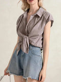 Plaid Button Up Cap Sleeve Shirt - Trendsi - Flyclothing LLC
