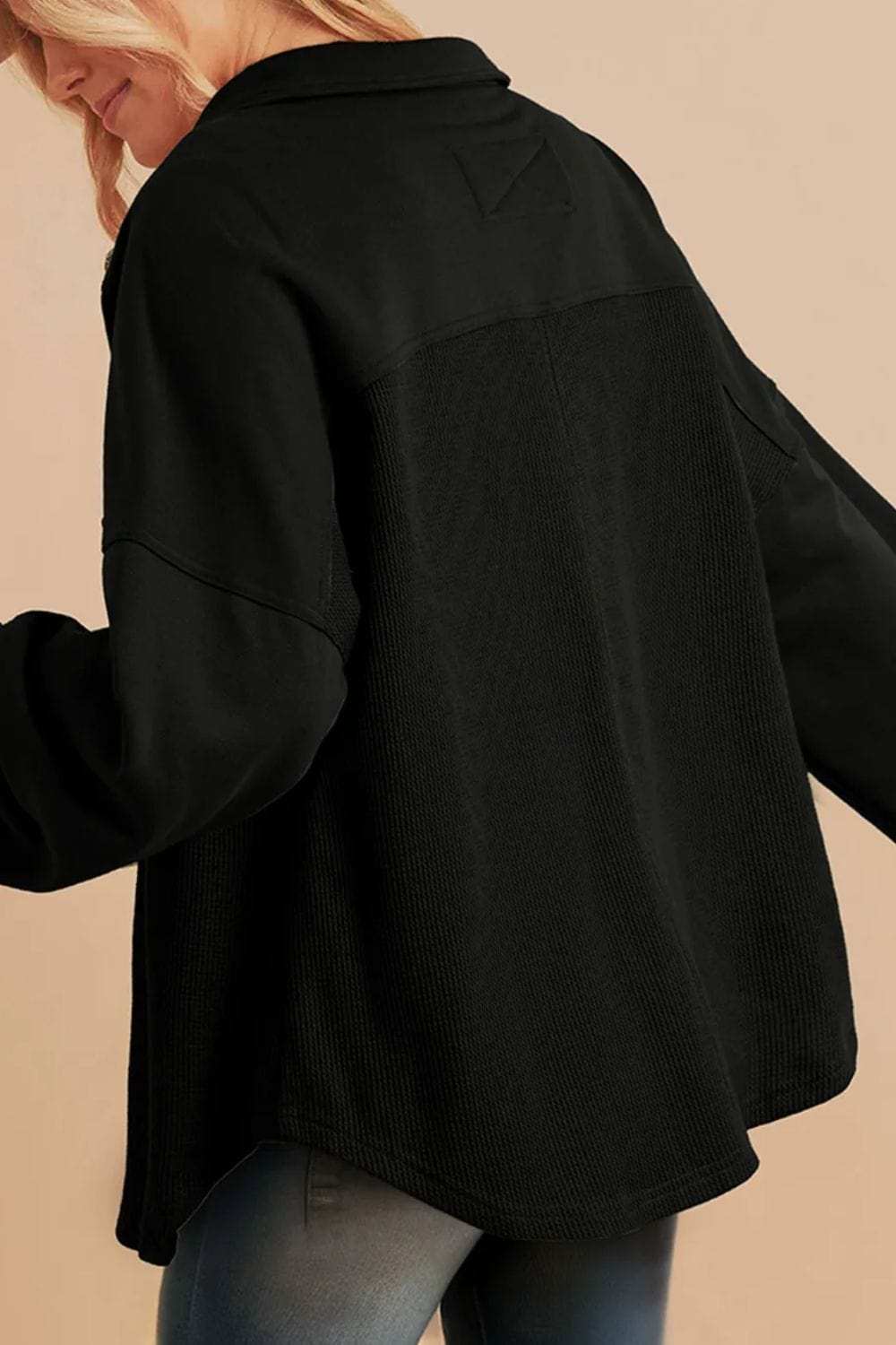 Waffle-Knit Collared Neck Long Sleeve Shacket - Trendsi - Flyclothing LLC