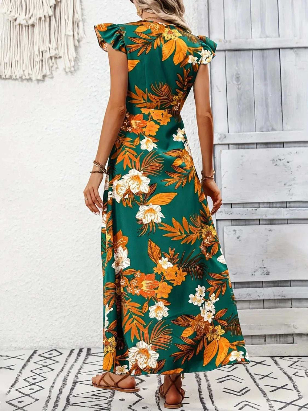 High-Low Printed Cap Sleeve Maxi Dress - Trendsi - Flyclothing LLC