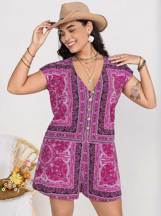Plus Size Printed V-Neck Cap Sleeve Romper - Trendsi - Flyclothing LLC