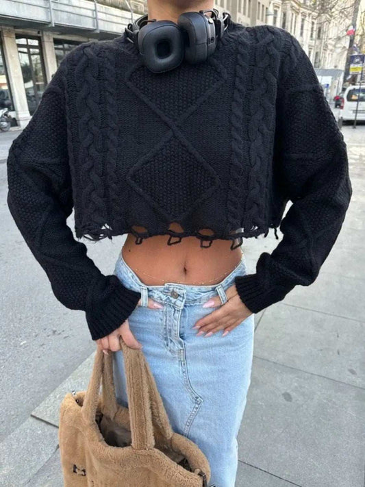 Cable-Knit Round Neck Long Sleeve Cropped Sweater - Trendsi - Flyclothing LLC