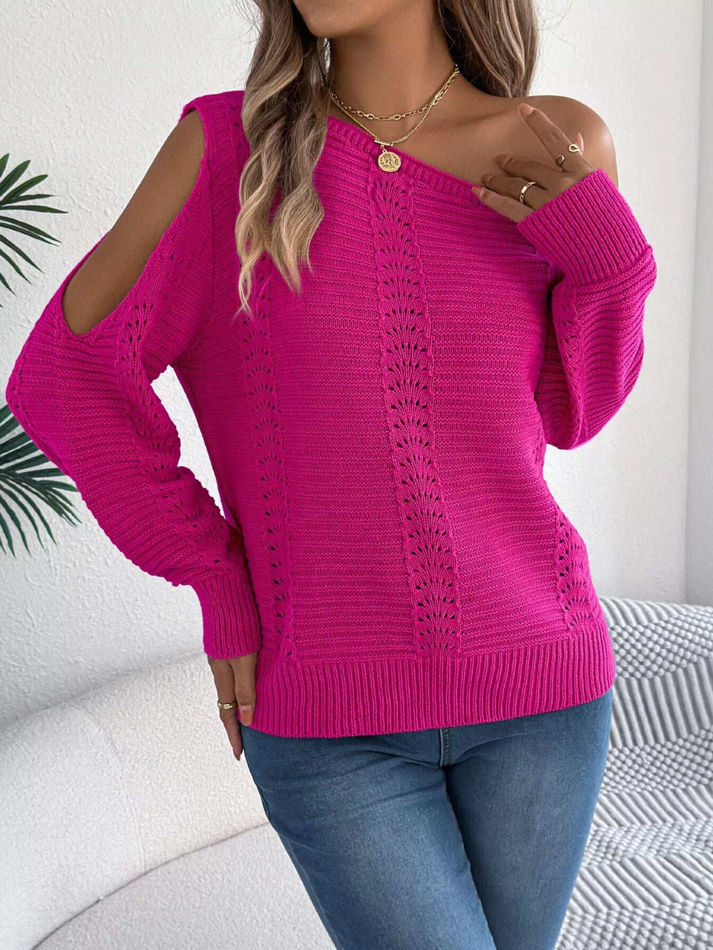 Openwork One Shoulder Cutout Long Sleeve Sweater - Trendsi - Flyclothing LLC