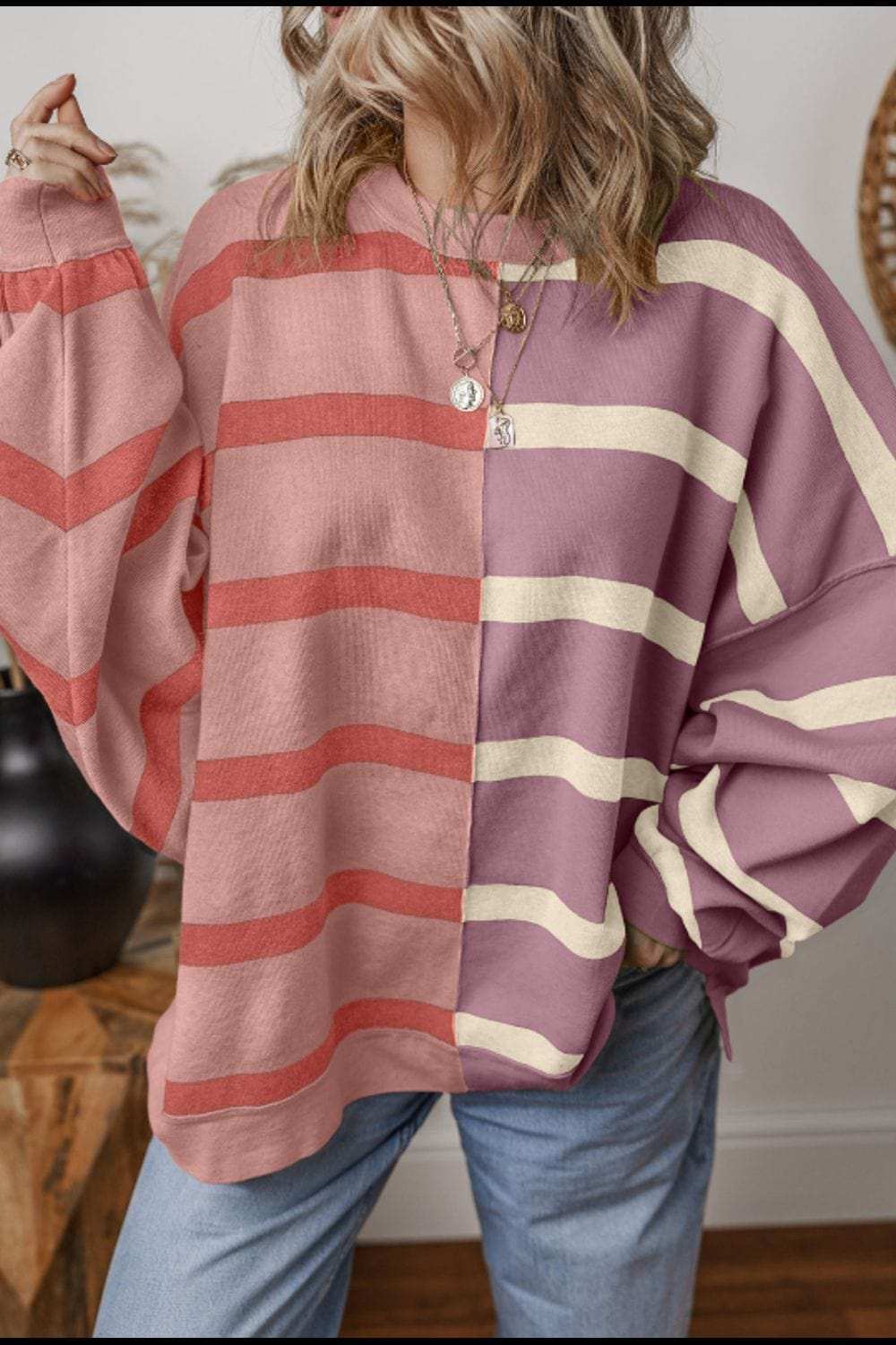 Contrast Striped Long Sleeve Sweatshirt - Trendsi - Flyclothing LLC