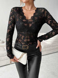 Lace V-Neck Long Sleeve Top - Trendsi - Flyclothing LLC