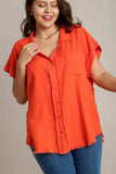 Umgee Full Size Linen Blend Button Down Short Folded Sleeve Shirt Plus Size - Trendsi - Flyclothing LLC