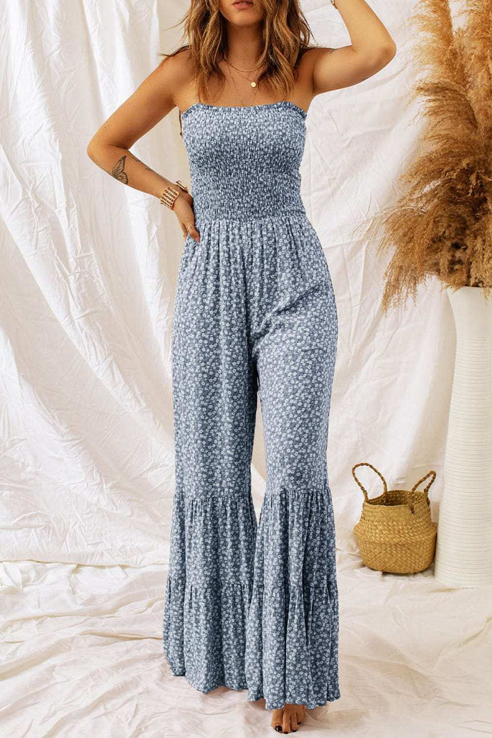 Smocked Printed Wide Strap Jumpsuit - Trendsi - Flyclothing LLC