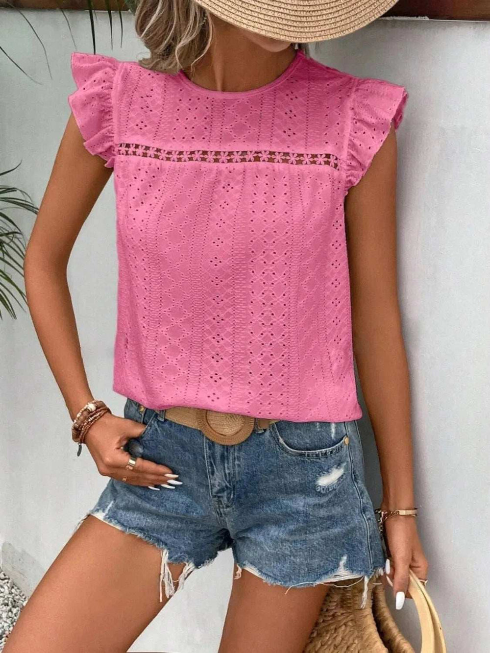 Eyelet Round Neck Cap Sleeve Top - Trendsi - Flyclothing LLC