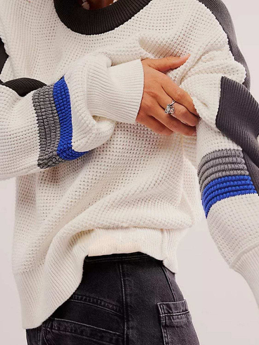 Waffle-Knit Contrast Round Neck Sweater - Trendsi - Flyclothing LLC