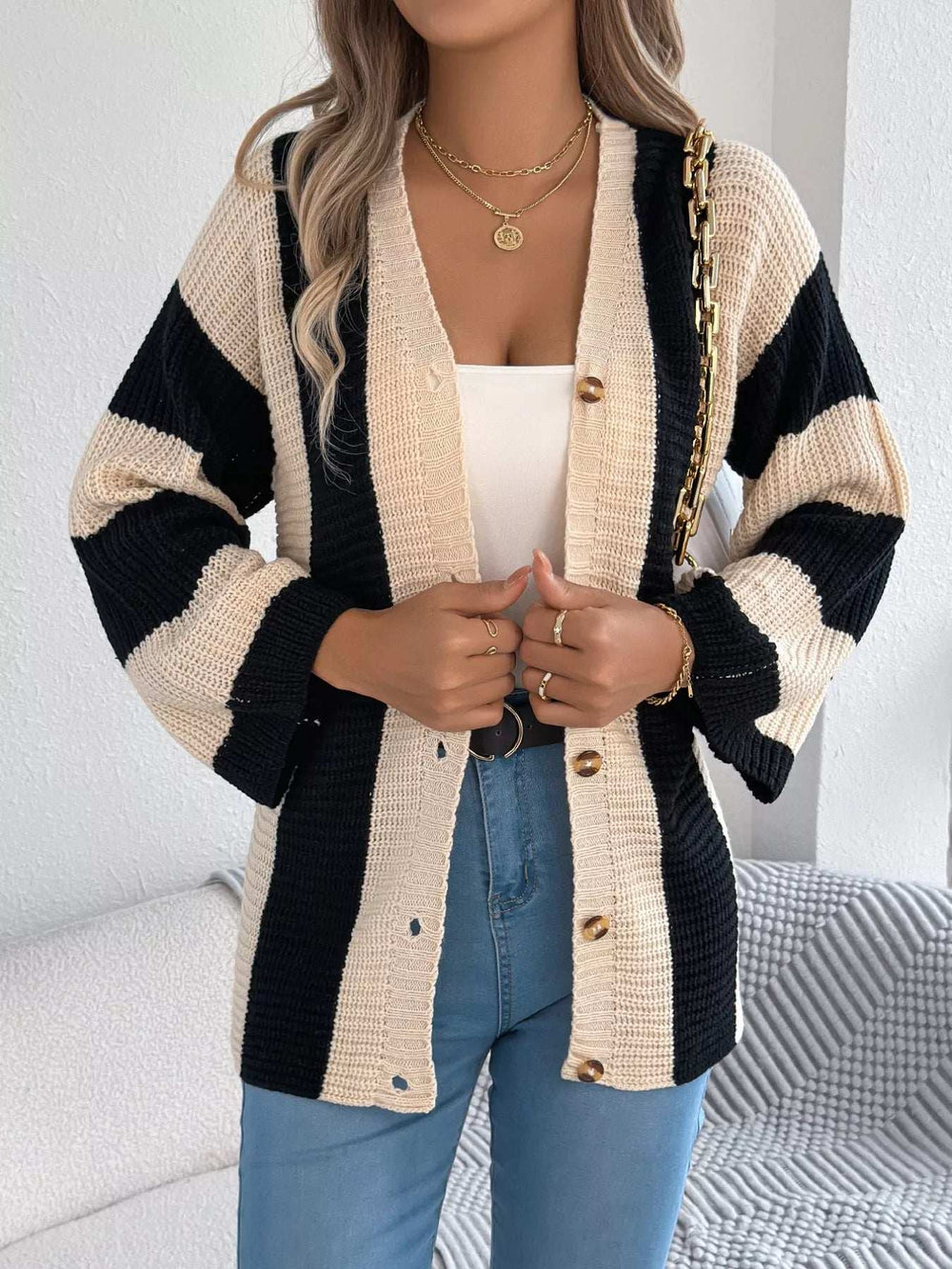 Color Block Button-Up Cardigan - Trendsi - Flyclothing LLC