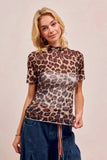 BiBi High Neck Leopard Mesh Short Sleeves Top - Trendsi - Flyclothing LLC