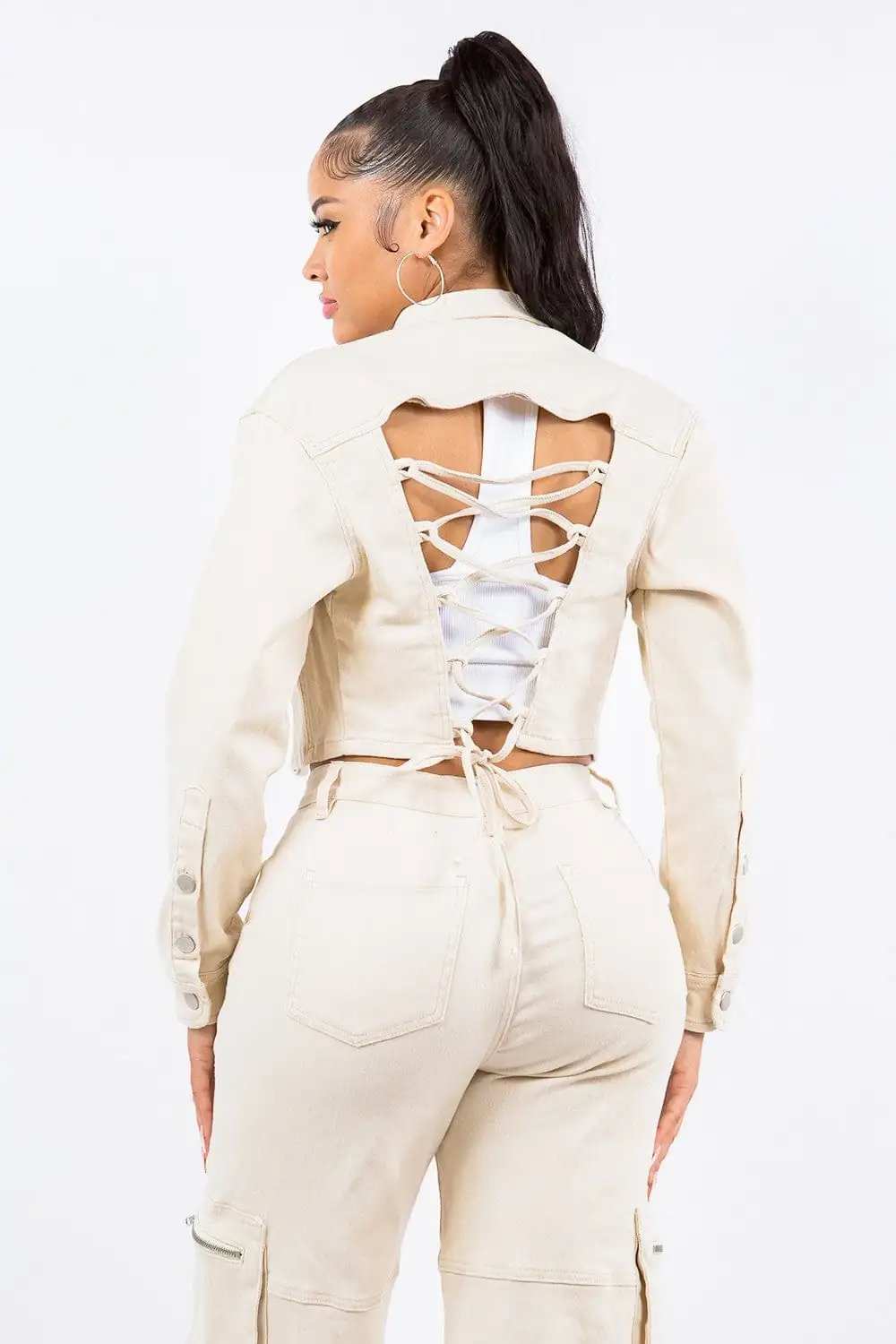 American Bazi Laced Back Cropped Jacket - Trendsi - Flyclothing LLC