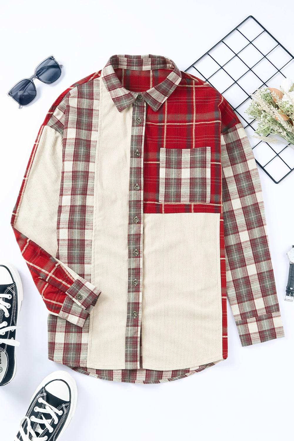 Plaid Patchwork Collared Neck Shacket - Trendsi - Flyclothing LLC