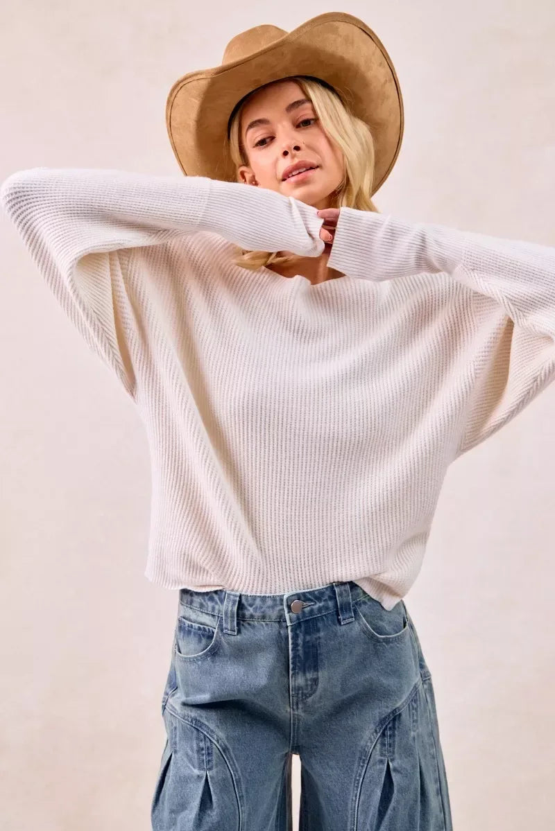 BiBi Waffle Knit Off Shoulder Top - Trendsi - Flyclothing LLC