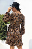 Animal Print Round Neck Balloon Sleeve Mini Dress - Trendsi - Flyclothing LLC