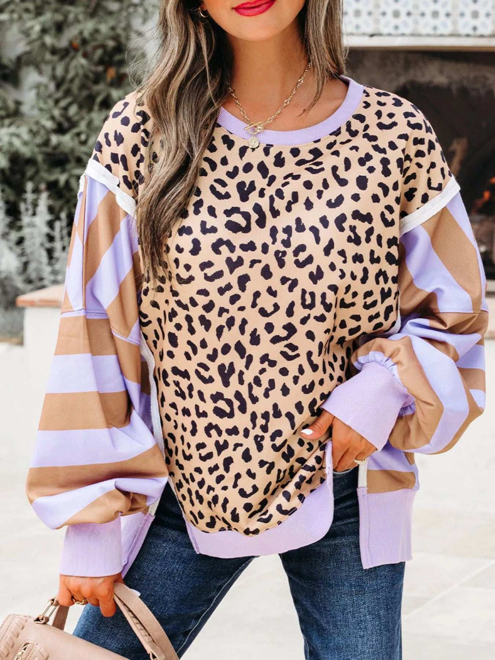 Stripe Color Block Patchwork Leopard Casual Sweatshirt with Slits - Trendsi - Flyclothing LLC
