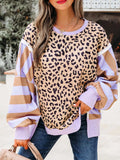 Stripe Color Block Patchwork Leopard Casual Sweatshirt with Slits - Trendsi - Flyclothing LLC
