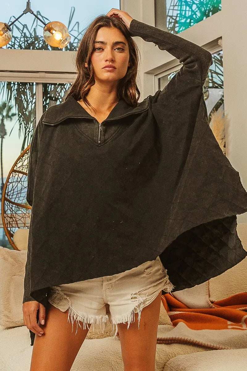 BiBi Vintage Washed Quilted Half Zip Top - Trendsi - Flyclothing LLC