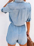 Drawstring Half Button Half Sleeve Denim Romper - Trendsi - Flyclothing LLC