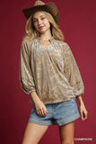 Umgee Floral Velvet Blouse with Balloon Sleeves - Trendsi - Flyclothing LLC