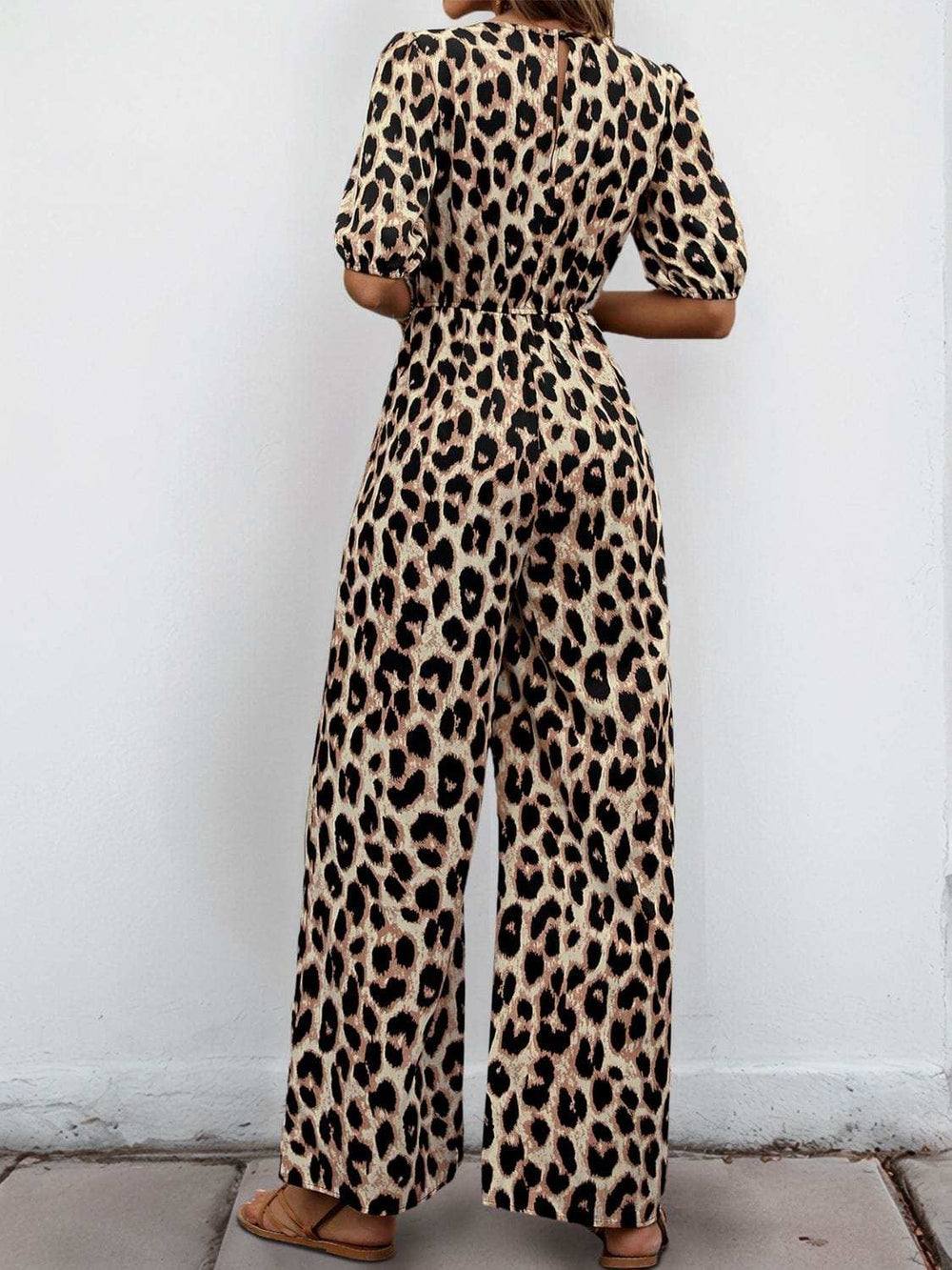 Perfee Tied Leopard Half Sleeve Jumpsuit - Trendsi - Flyclothing LLC