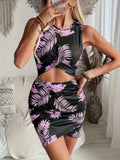 Cutout Printed Round Neck Sleeveless Mini Dress - Trendsi - Flyclothing LLC