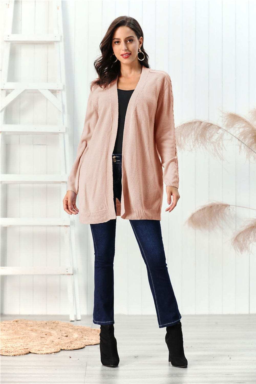 Cable-Knit Open Front Long Sleeve Cardigan - Trendsi - Flyclothing LLC