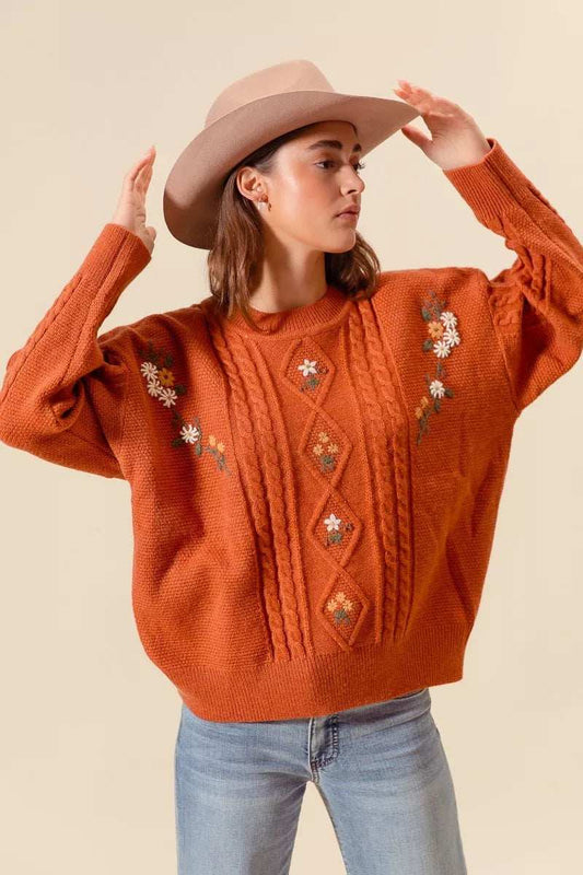 SO ME Embroidered Flower Cable Knitted Sweater - Trendsi - Flyclothing LLC