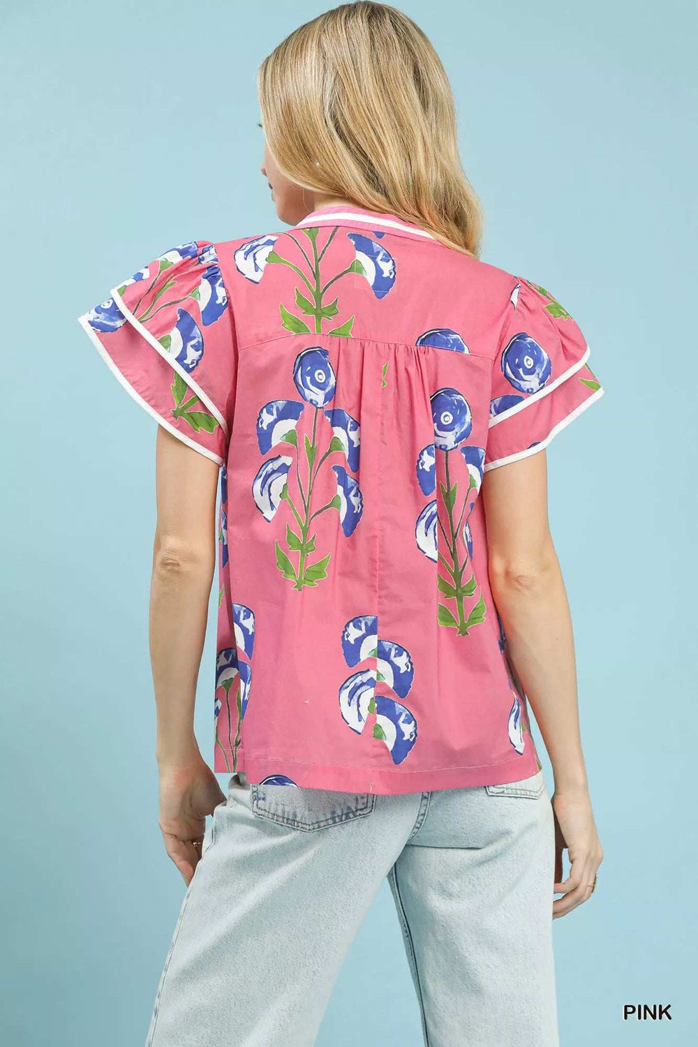 Umgee Blossom Meadow Print Blouse with Contrast Trim - Trendsi - Flyclothing LLC