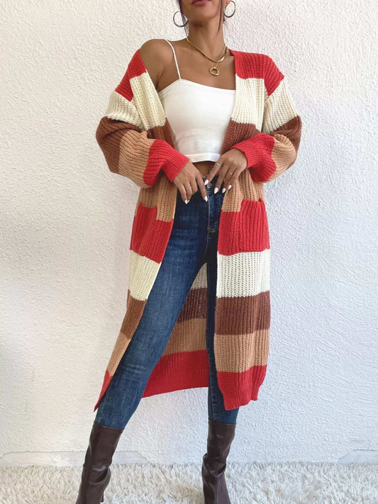 Striped Color Block Open Front Knit Cardigan - Trendsi - Flyclothing LLC