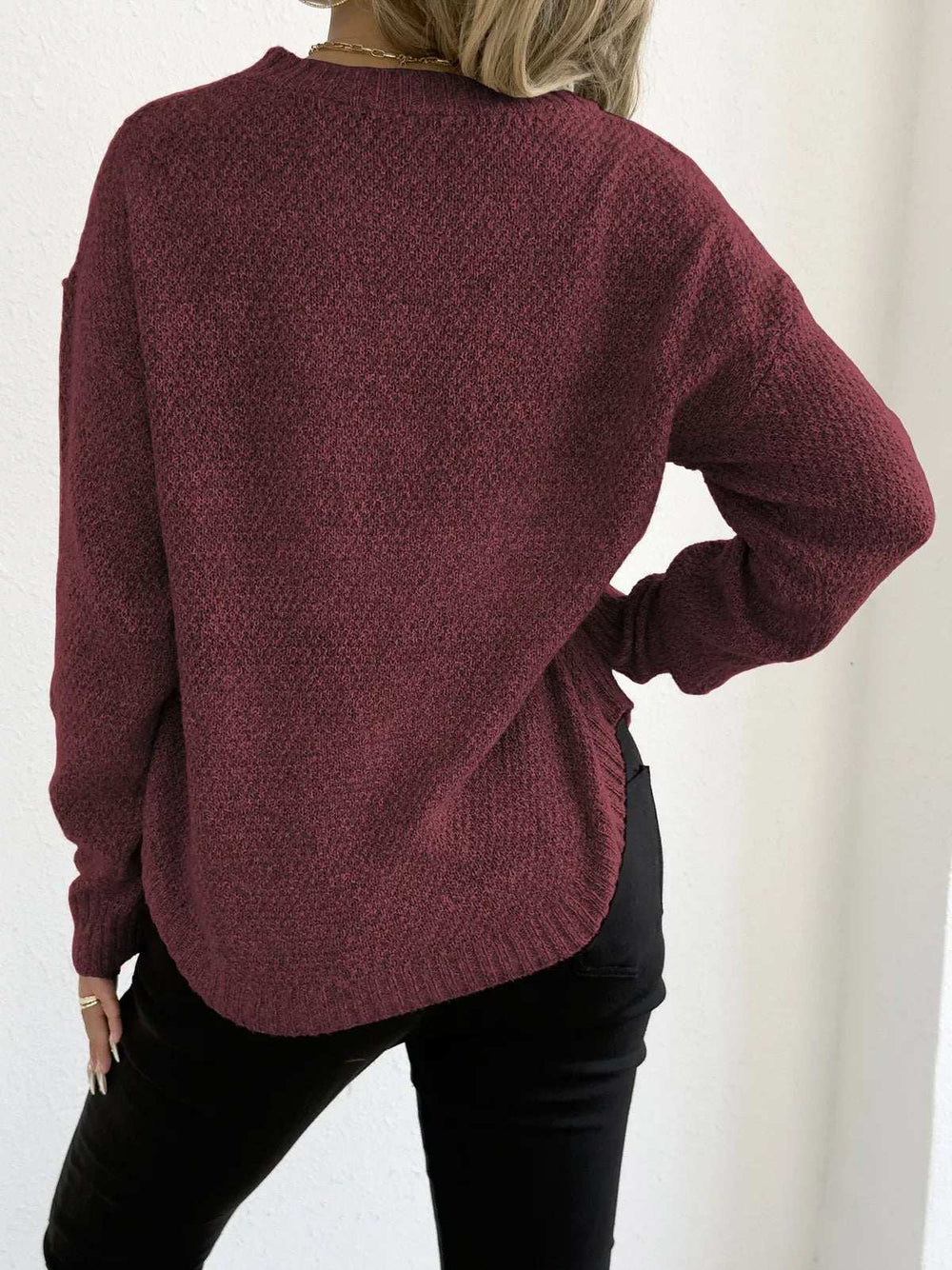 Textured Knit Relaxed Fit Round Neck Sweater - Trendsi - Flyclothing LLC