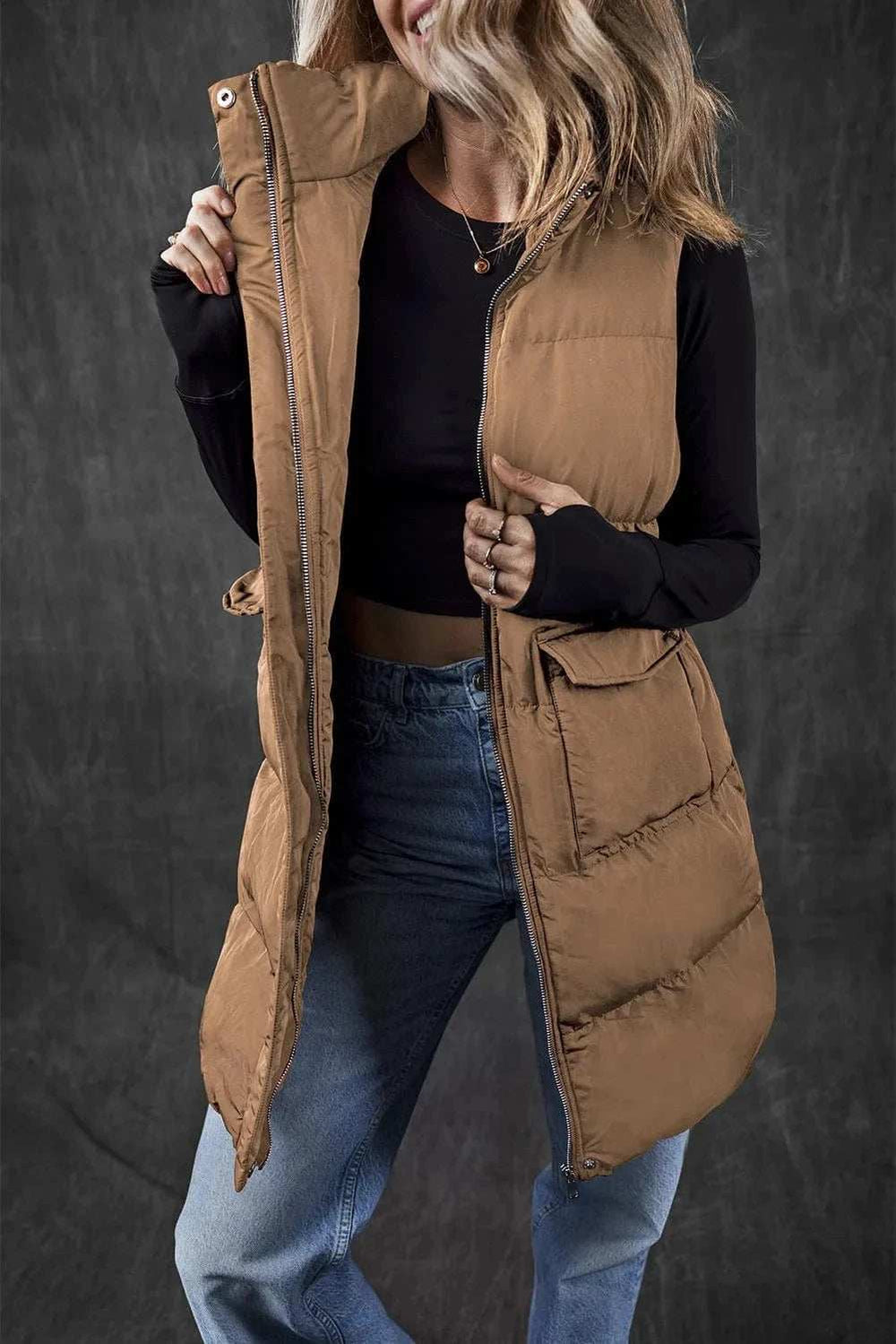 Pocketed Zip Up Vest Coat - Trendsi - Flyclothing LLC