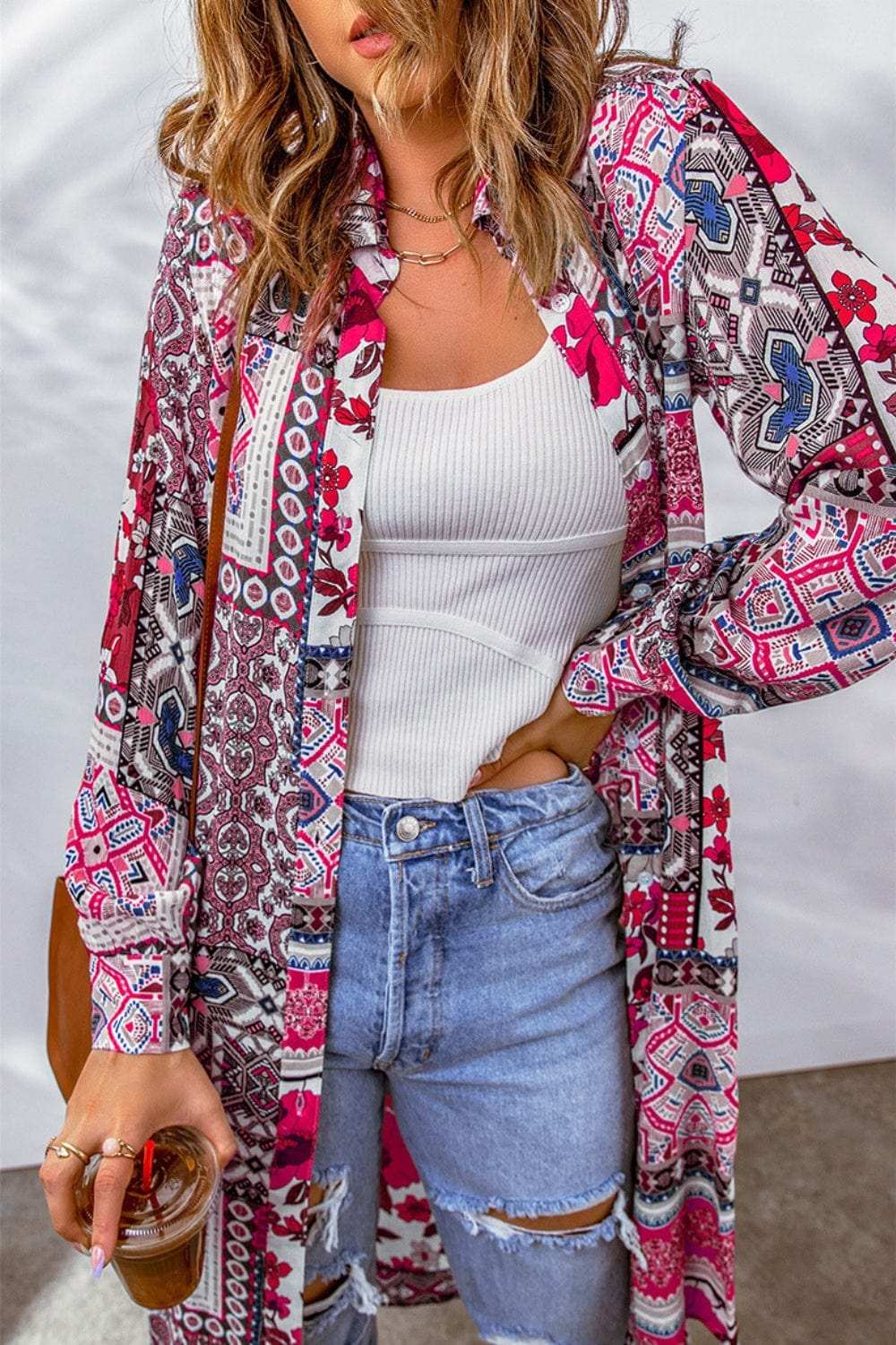 Printed Button Up Long Sleeve Cardigan - Trendsi - Flyclothing LLC