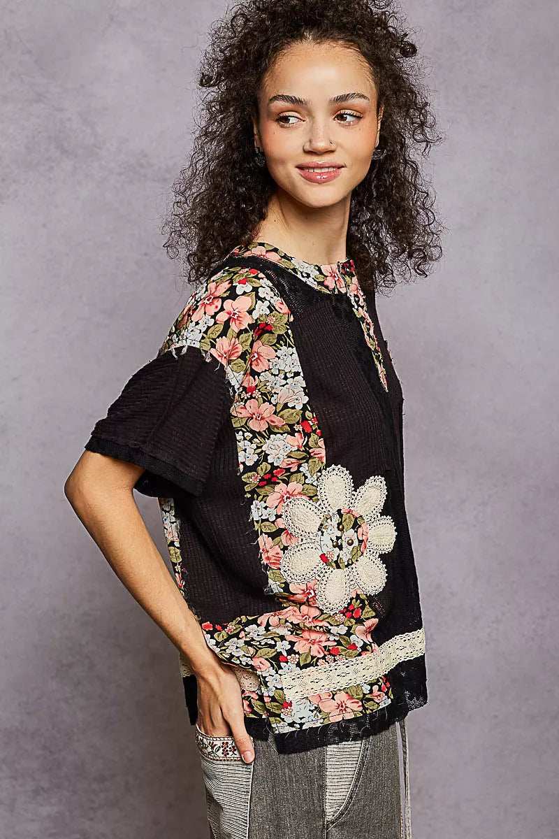 POL Lace Round Neck Short Sleeve Floral Pattern Top with Patch Detail - Trendsi - Flyclothing LLC